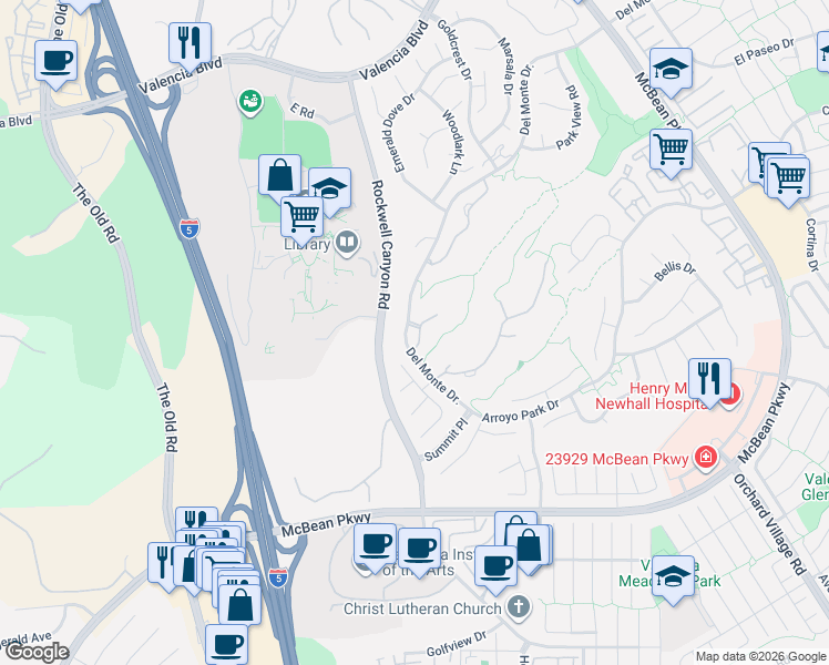 map of restaurants, bars, coffee shops, grocery stores, and more near 24526 Windsor Drive in Santa Clarita