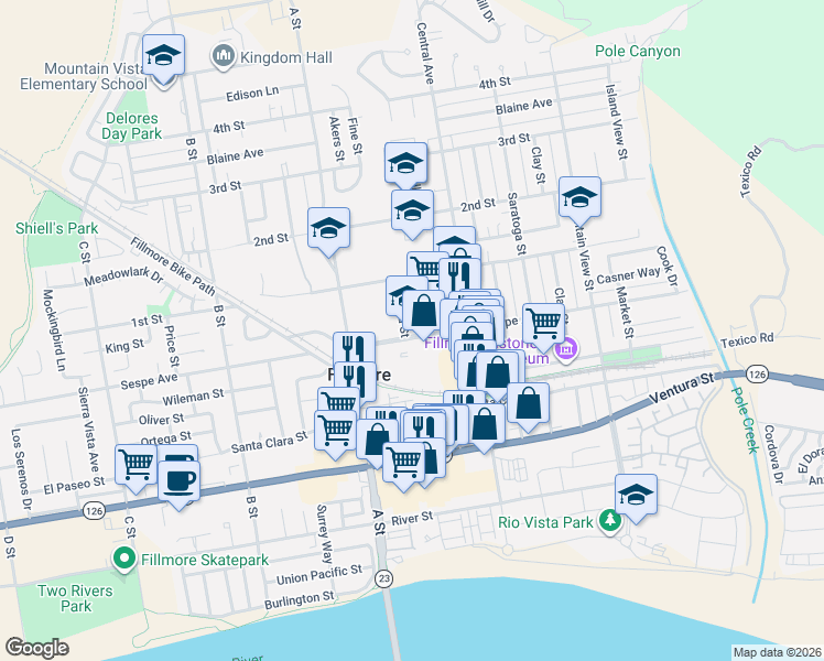 map of restaurants, bars, coffee shops, grocery stores, and more near 565 Sespe Avenue in Fillmore
