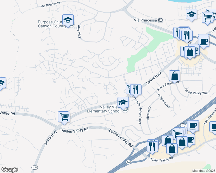 map of restaurants, bars, coffee shops, grocery stores, and more near 26360 Oakspur Drive in Santa Clarita