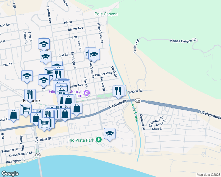map of restaurants, bars, coffee shops, grocery stores, and more near 165 Lora Lane in Fillmore