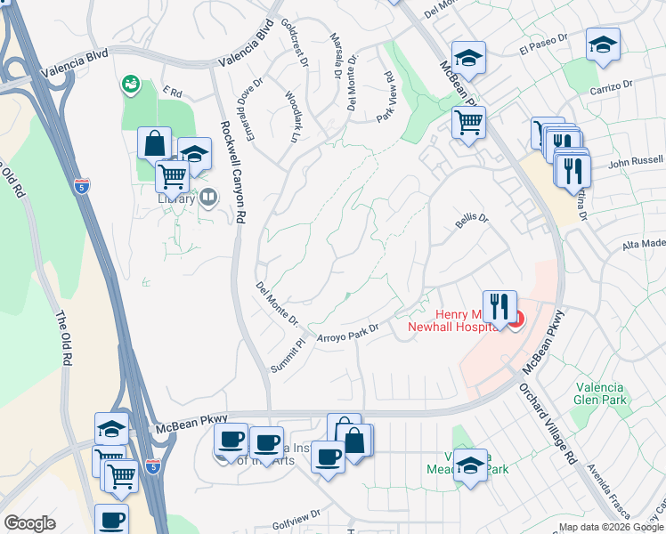 map of restaurants, bars, coffee shops, grocery stores, and more near 24632 Brighton Drive in Santa Clarita