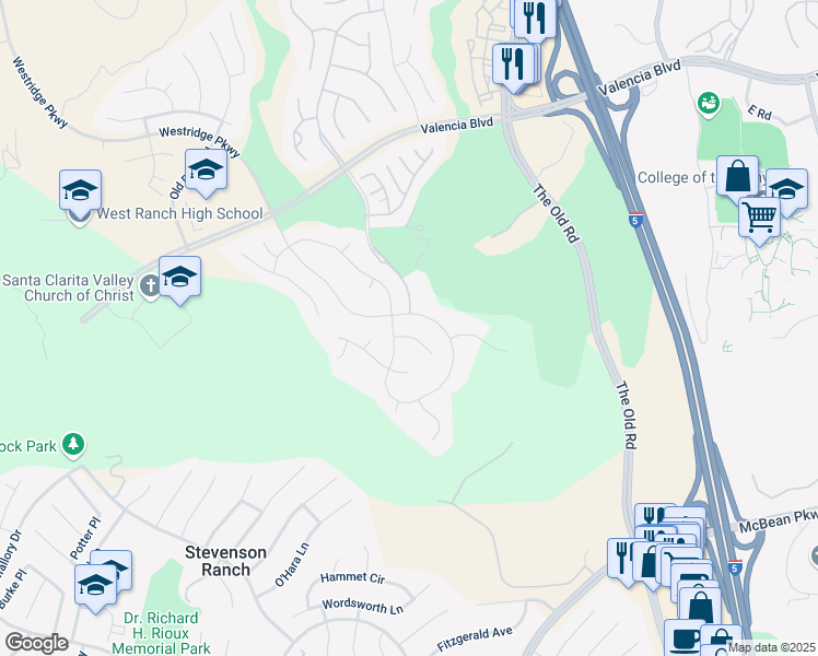 map of restaurants, bars, coffee shops, grocery stores, and more near 25769 Oak Leaf Court in Los Angeles County