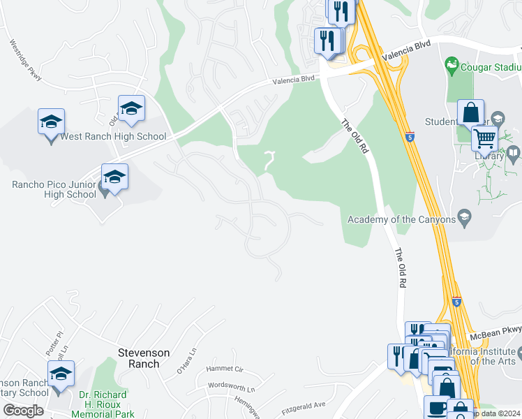 map of restaurants, bars, coffee shops, grocery stores, and more near 25769 Oak Leaf Court in Los Angeles County