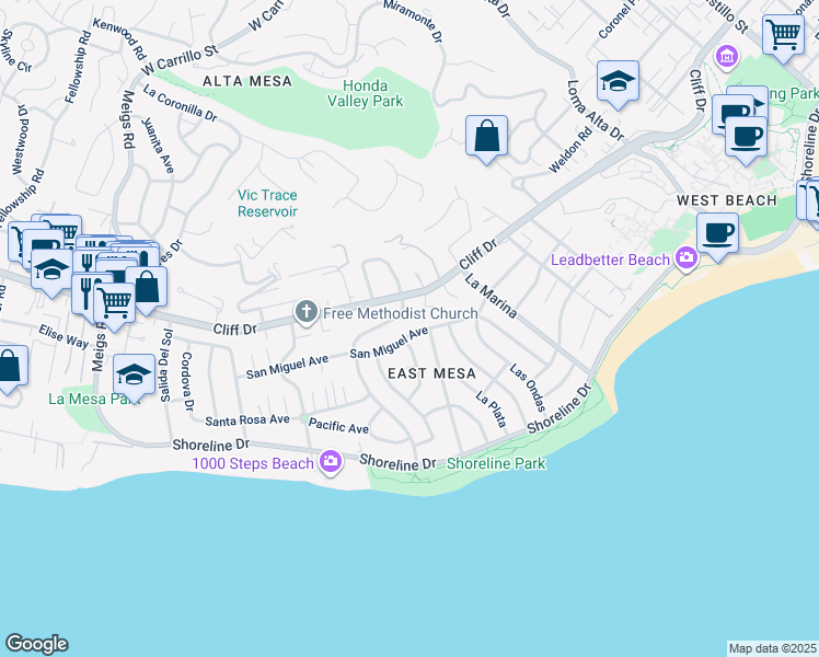 map of restaurants, bars, coffee shops, grocery stores, and more near 1274 San Miguel Avenue in Santa Barbara