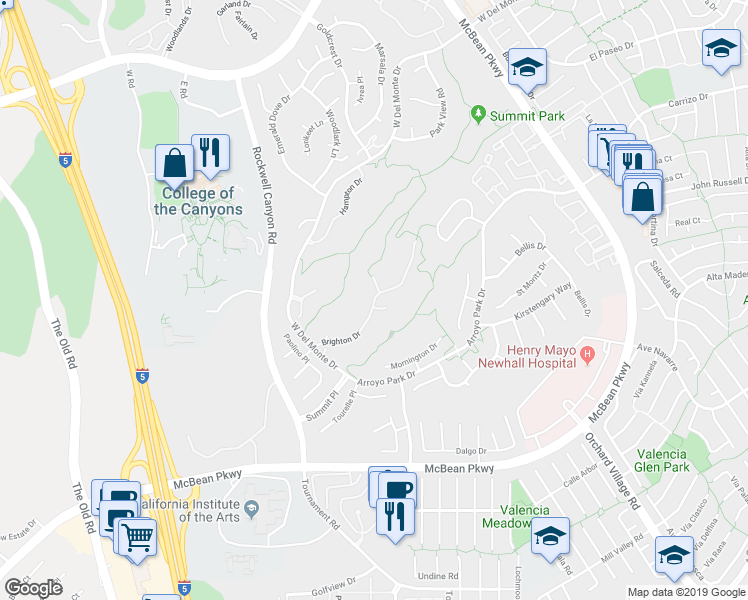 map of restaurants, bars, coffee shops, grocery stores, and more near 24662 Brighton Drive in Santa Clarita