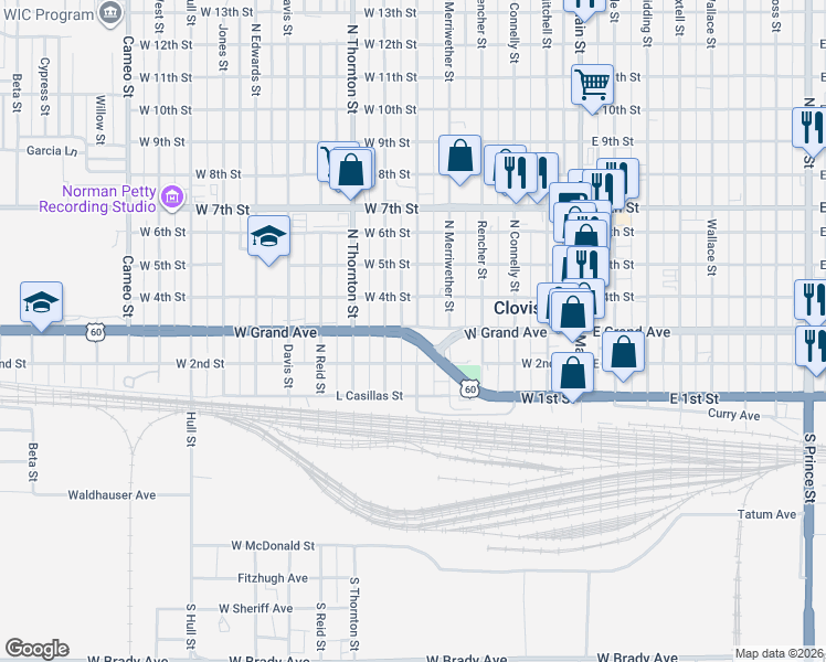 map of restaurants, bars, coffee shops, grocery stores, and more near 642 West Grand Avenue in Clovis