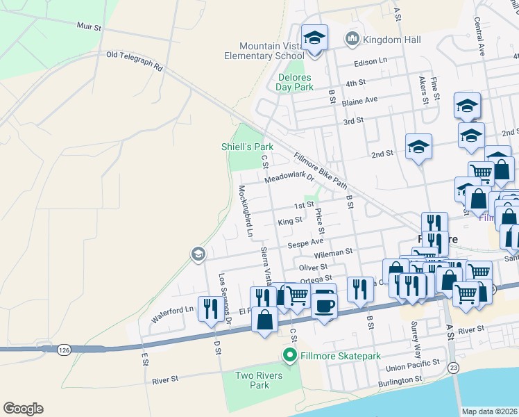 map of restaurants, bars, coffee shops, grocery stores, and more near 1123 1st Street in Fillmore