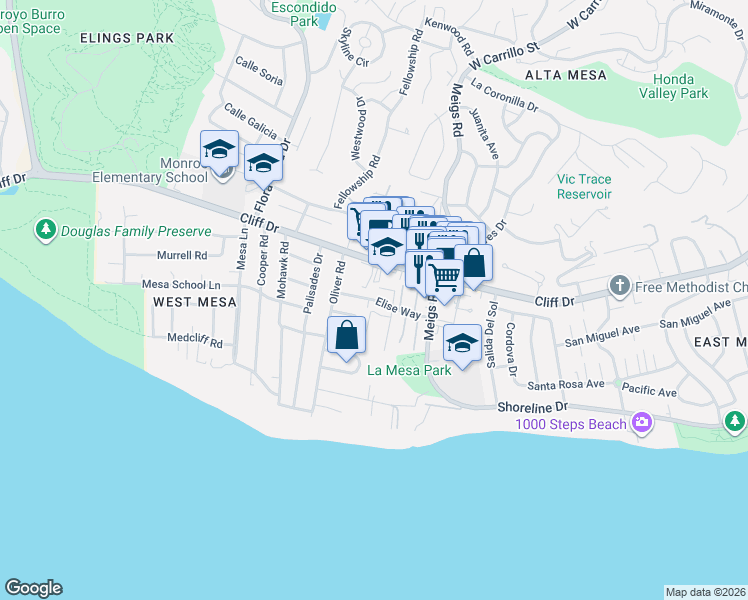 map of restaurants, bars, coffee shops, grocery stores, and more near Elise Way in Santa Barbara