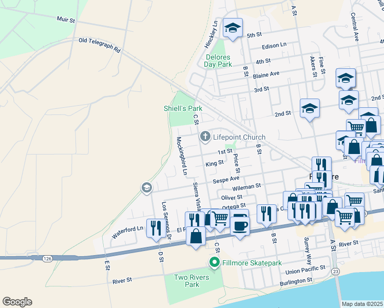 map of restaurants, bars, coffee shops, grocery stores, and more near 1123 1st Street in Fillmore