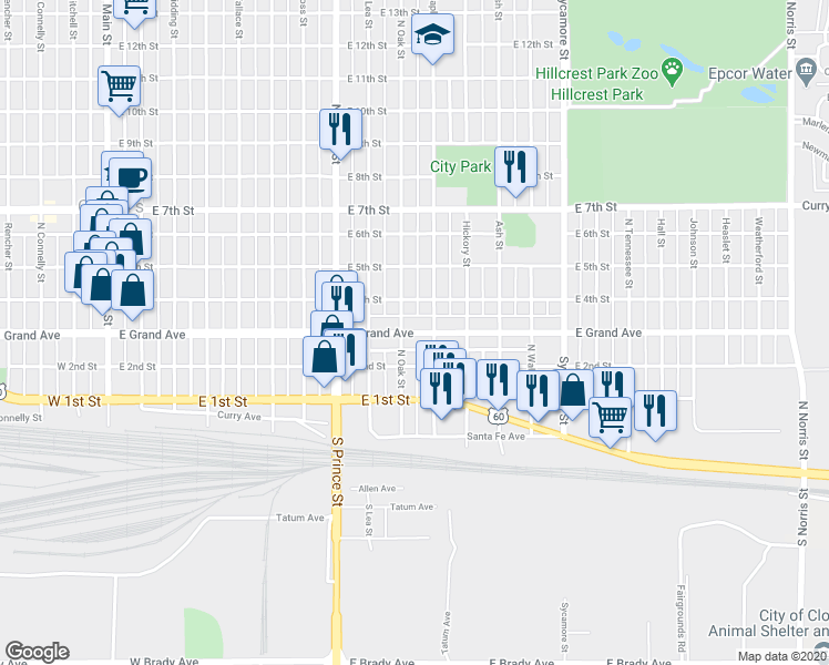 map of restaurants, bars, coffee shops, grocery stores, and more near 1006 East Grand Avenue in Clovis