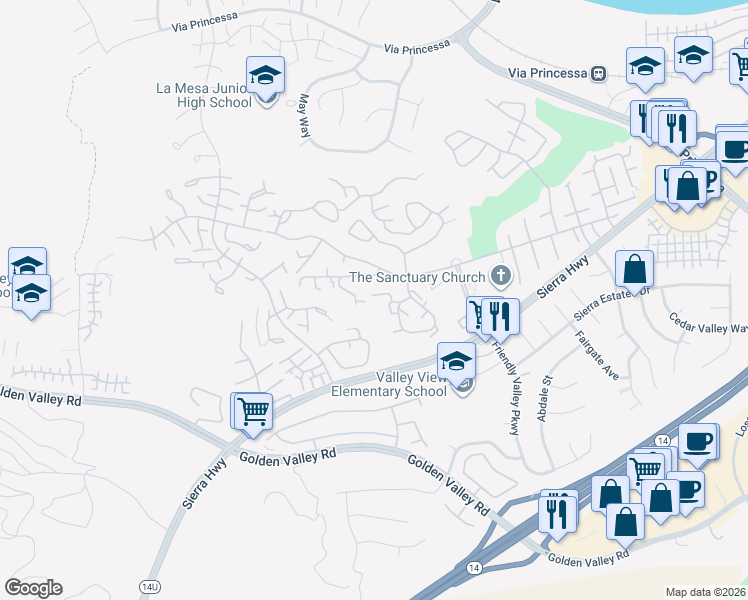 map of restaurants, bars, coffee shops, grocery stores, and more near 26346 Oak Plain Drive in Santa Clarita
