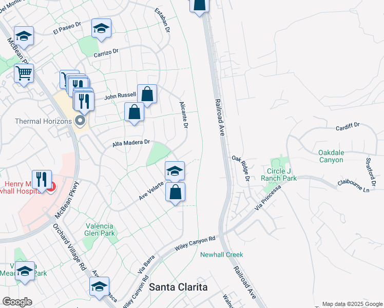 map of restaurants, bars, coffee shops, grocery stores, and more near 23206 Faisan Court in Santa Clarita