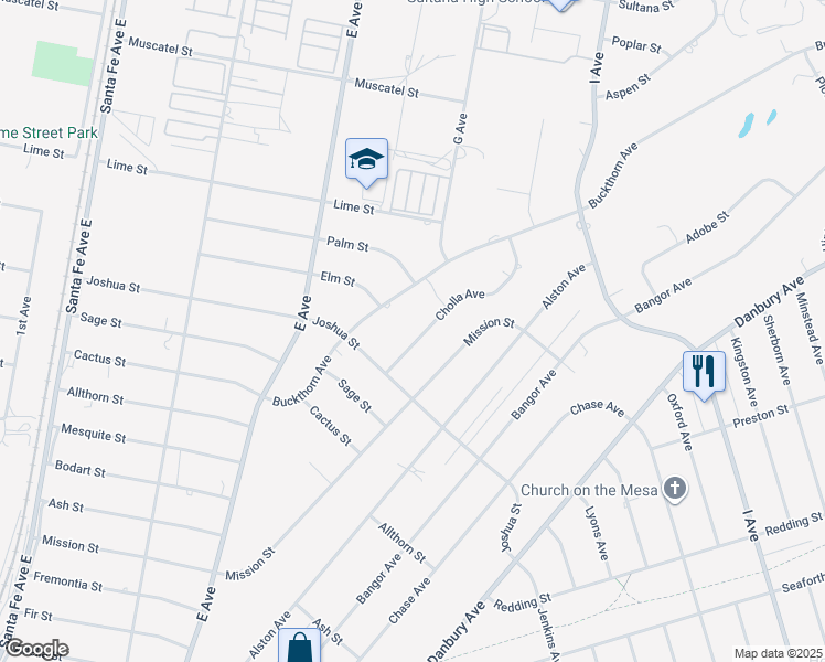 map of restaurants, bars, coffee shops, grocery stores, and more near 17000 Cholla Avenue in Hesperia