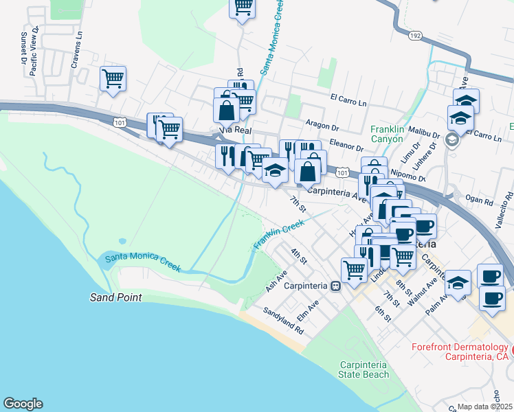 map of restaurants, bars, coffee shops, grocery stores, and more near 4521 Carpinteria Avenue in Carpinteria