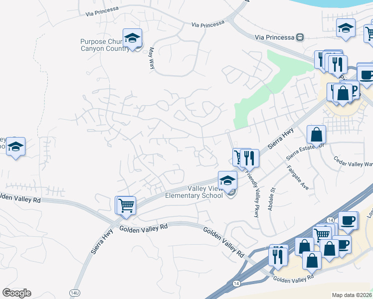 map of restaurants, bars, coffee shops, grocery stores, and more near 26346 Oak Plain Drive in Santa Clarita