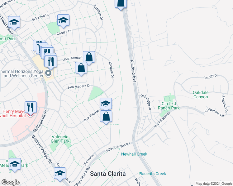 map of restaurants, bars, coffee shops, grocery stores, and more near 23206 Faisan Court in Santa Clarita