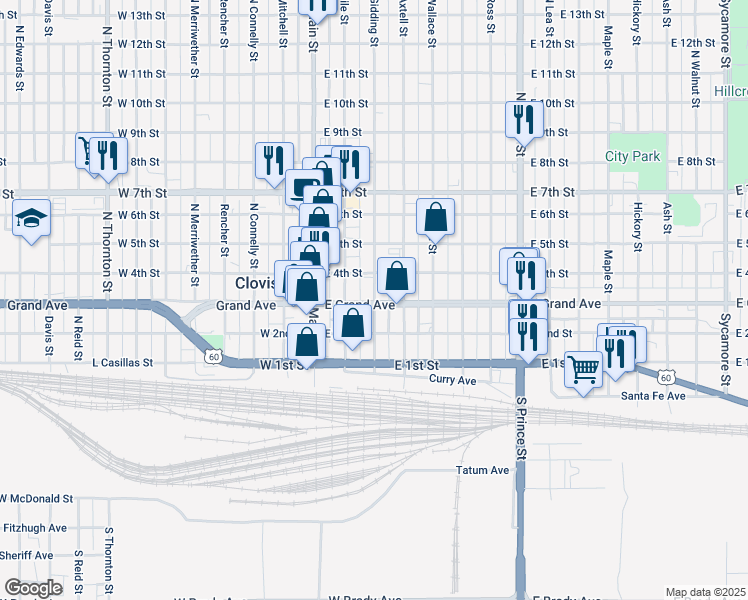 map of restaurants, bars, coffee shops, grocery stores, and more near 302 Gidding Street in Clovis