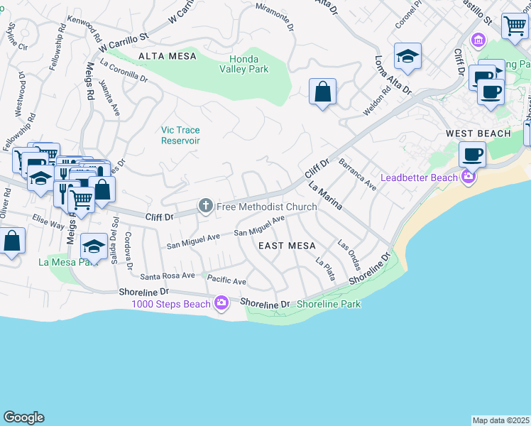 map of restaurants, bars, coffee shops, grocery stores, and more near 1315 San Rafael Avenue in Santa Barbara