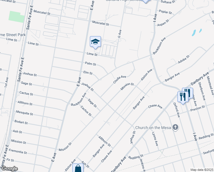 map of restaurants, bars, coffee shops, grocery stores, and more near 17000 Cholla Avenue in Hesperia