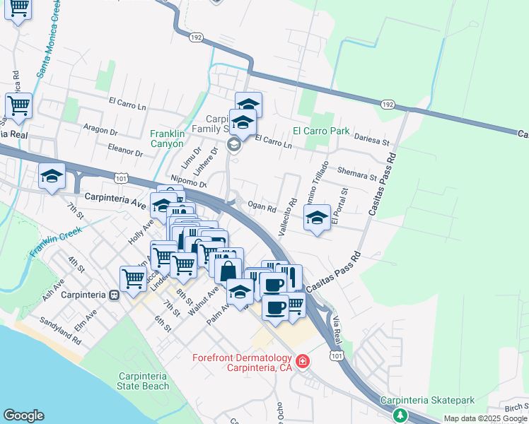map of restaurants, bars, coffee shops, grocery stores, and more near 5157 Ogan Road in Carpinteria