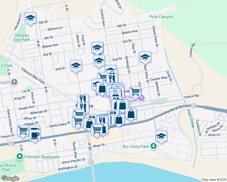 map of restaurants, bars, coffee shops, grocery stores, and more near 405 Central Avenue in Fillmore