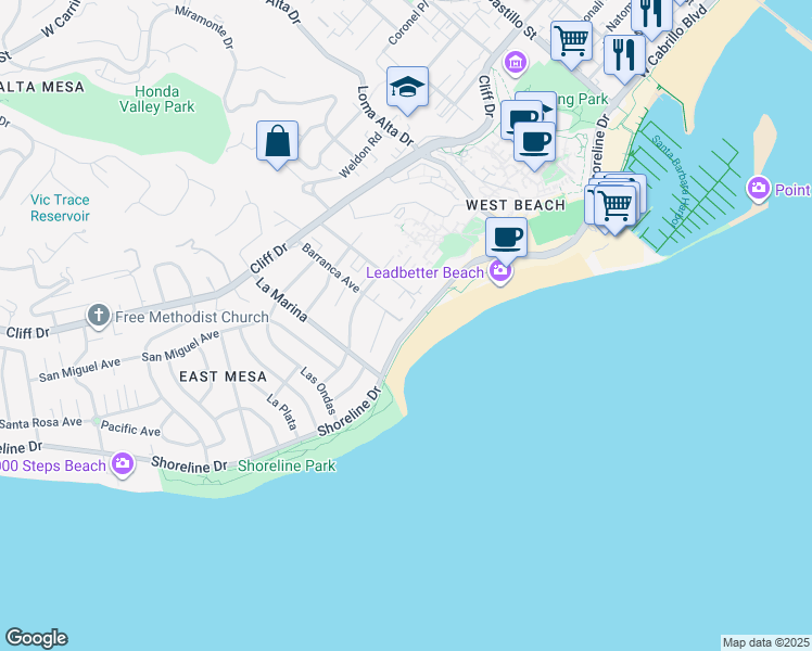 map of restaurants, bars, coffee shops, grocery stores, and more near 20 Barranca Avenue in Santa Barbara