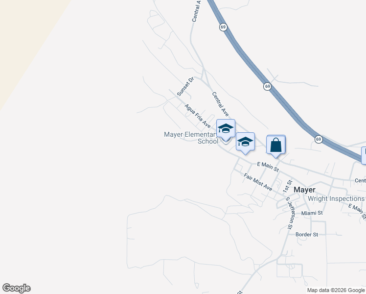map of restaurants, bars, coffee shops, grocery stores, and more near 12345 East Main Street in Mayer