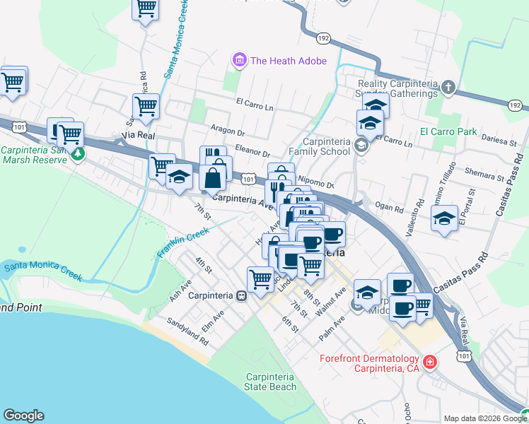 map of restaurants, bars, coffee shops, grocery stores, and more near 4745 Carpinteria Avenue in Carpinteria