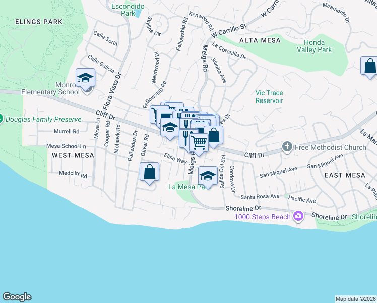 map of restaurants, bars, coffee shops, grocery stores, and more near 315 Meigs Road in Santa Barbara