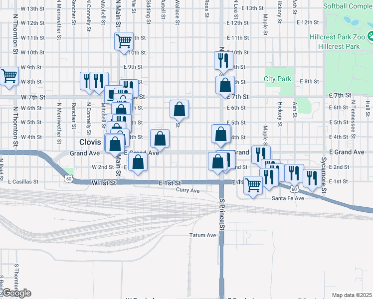 map of restaurants, bars, coffee shops, grocery stores, and more near 514 East Grand Avenue in Clovis