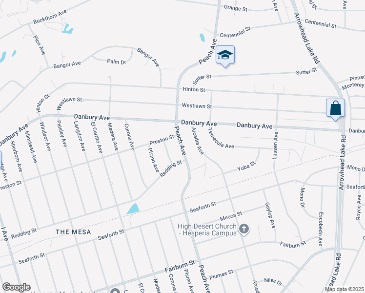map of restaurants, bars, coffee shops, grocery stores, and more near 8241 Peach Avenue in Hesperia