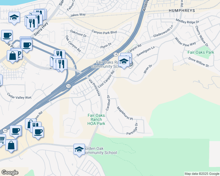 map of restaurants, bars, coffee shops, grocery stores, and more near 26708 Cardinal Drive in Santa Clarita
