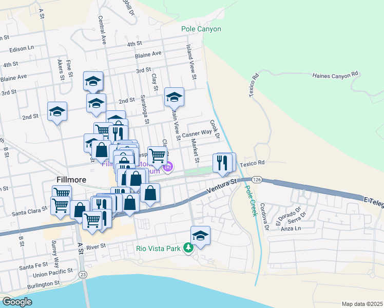 map of restaurants, bars, coffee shops, grocery stores, and more near 353 Market St in Fillmore