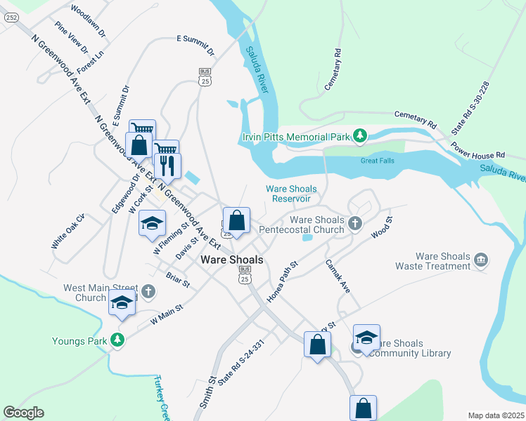 map of restaurants, bars, coffee shops, grocery stores, and more near 7 Hampton Street in Ware Shoals