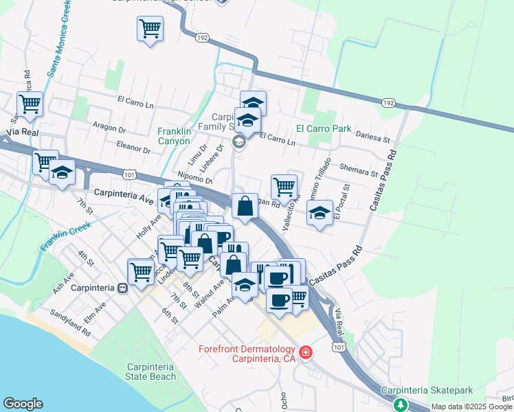 map of restaurants, bars, coffee shops, grocery stores, and more near 5157 Ogan Road in Carpinteria