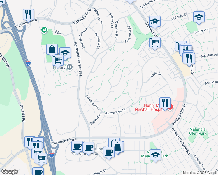 map of restaurants, bars, coffee shops, grocery stores, and more near 24656 Brighton Drive in Santa Clarita