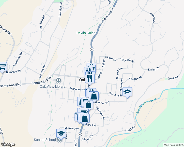 map of restaurants, bars, coffee shops, grocery stores, and more near 950 Ventura Avenue in Oak View