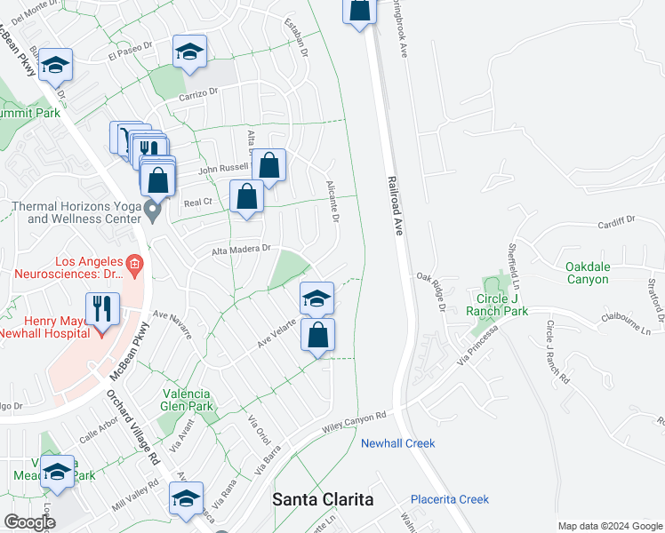 map of restaurants, bars, coffee shops, grocery stores, and more near 23225 Faisan Court in Santa Clarita