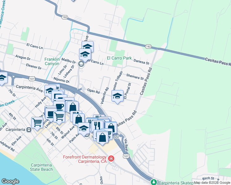 map of restaurants, bars, coffee shops, grocery stores, and more near 1316 Camino Trillado in Carpinteria