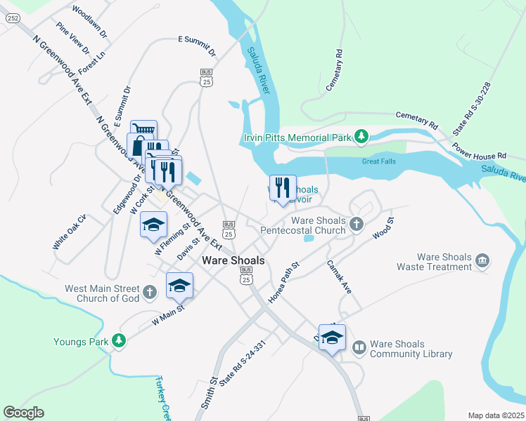 map of restaurants, bars, coffee shops, grocery stores, and more near 7 Hampton Avenue in Ware Shoals