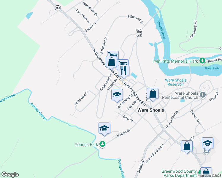 map of restaurants, bars, coffee shops, grocery stores, and more near 7 West Cork Street in Ware Shoals