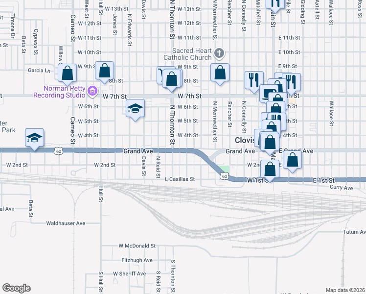 map of restaurants, bars, coffee shops, grocery stores, and more near 700 West Grand Avenue in Clovis