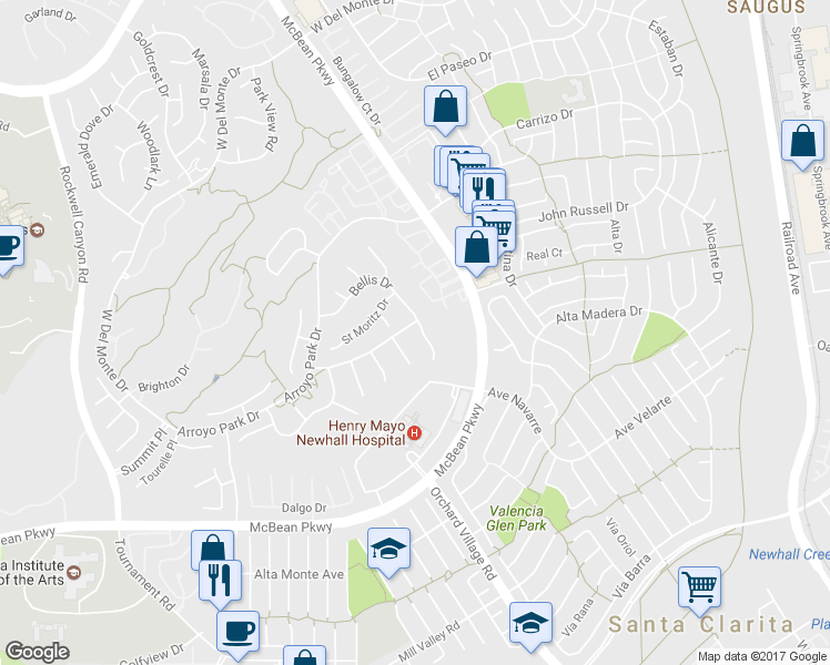 map of restaurants, bars, coffee shops, grocery stores, and more near 25881 Bellis Drive in Santa Clarita