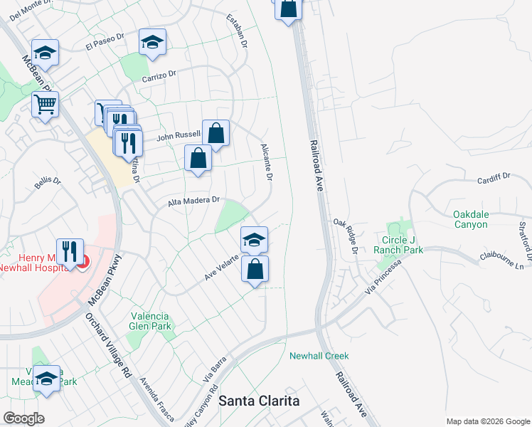 map of restaurants, bars, coffee shops, grocery stores, and more near 23225 Faisan Court in Santa Clarita