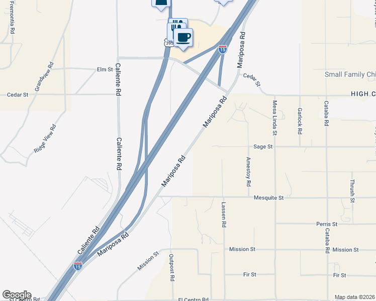 map of restaurants, bars, coffee shops, grocery stores, and more near 8293 Mariposa Road in Hesperia