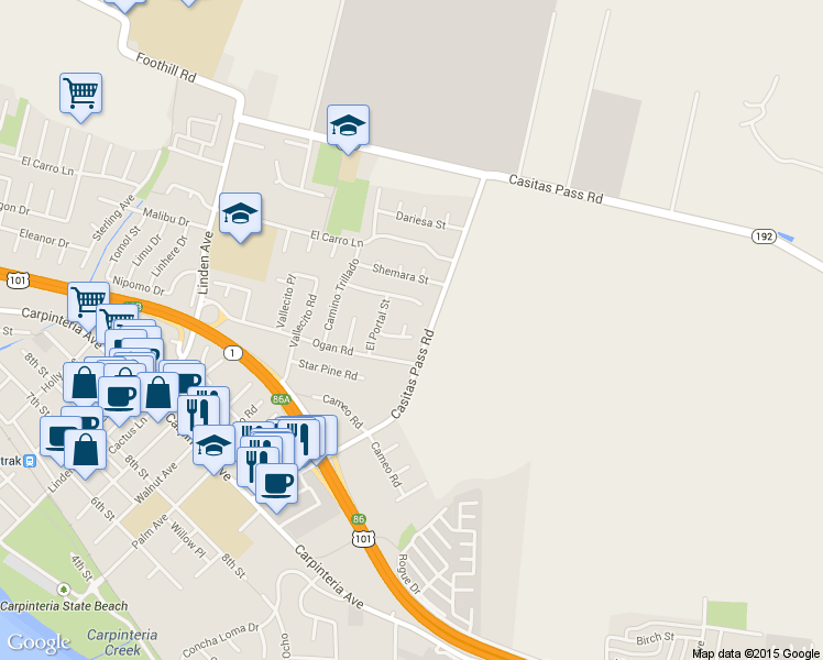 map of restaurants, bars, coffee shops, grocery stores, and more near 5378 Santa Rosa Lane in Carpinteria
