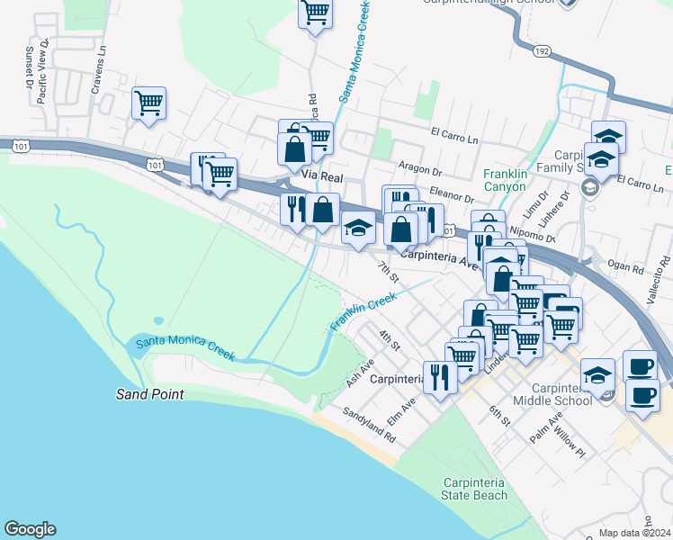 map of restaurants, bars, coffee shops, grocery stores, and more near 4523 Carpinteria Avenue in Carpinteria