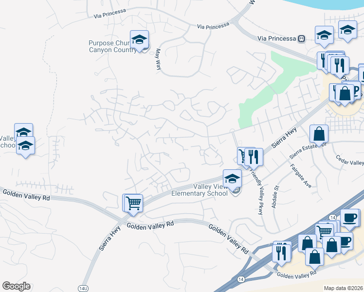 map of restaurants, bars, coffee shops, grocery stores, and more near Oak Plain Drive in Santa Clarita