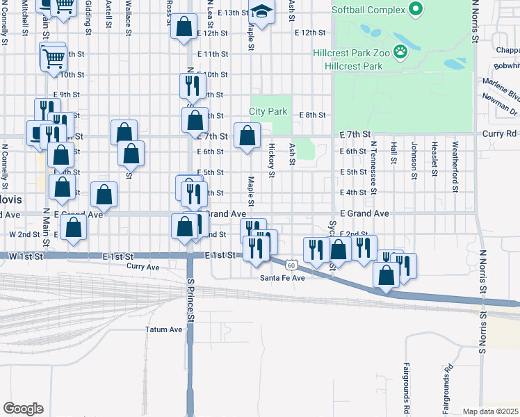 map of restaurants, bars, coffee shops, grocery stores, and more near 1108 East Grand Avenue in Clovis