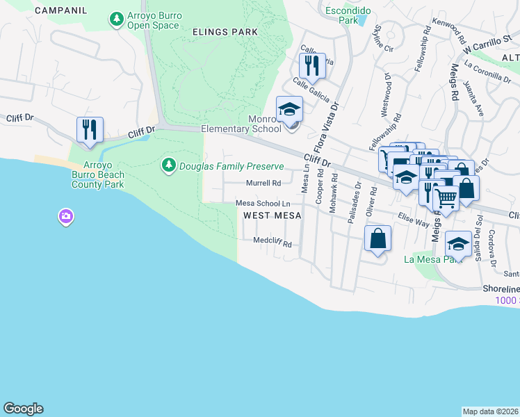 map of restaurants, bars, coffee shops, grocery stores, and more near 2515 Mesa School Lane in Santa Barbara